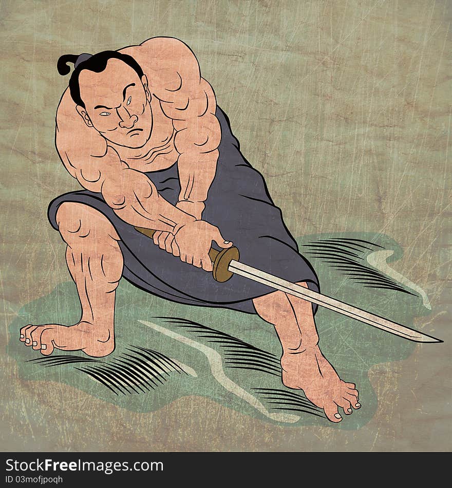 Illustration of a Samurai warrior with katana sword in fighting stance done in cartoon style Japanese wood block print