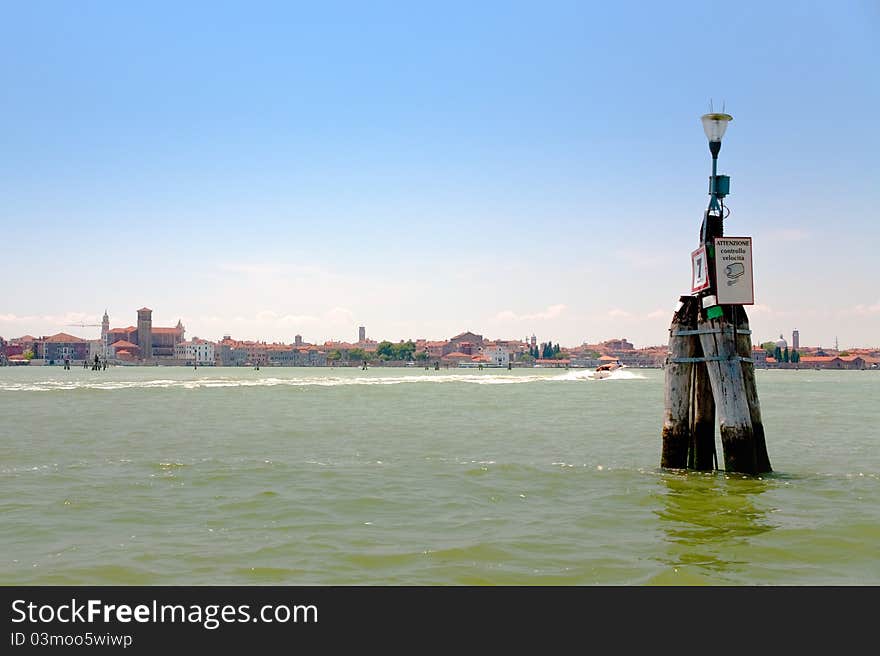 Road sign and velocity control on water way in Venetian Lagoon