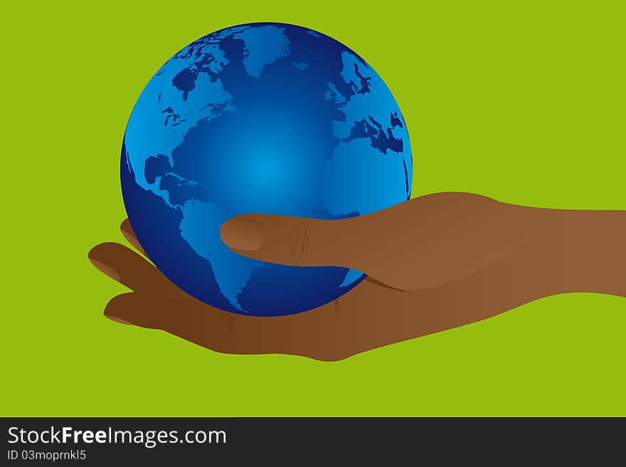 Blue planet over hand over green background. illustration. Blue planet over hand over green background. illustration