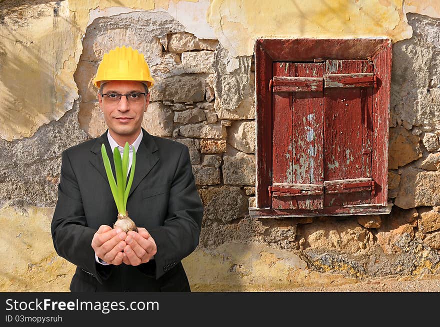 Young engineer holding baby plant in front of a ruin. Young engineer holding baby plant in front of a ruin