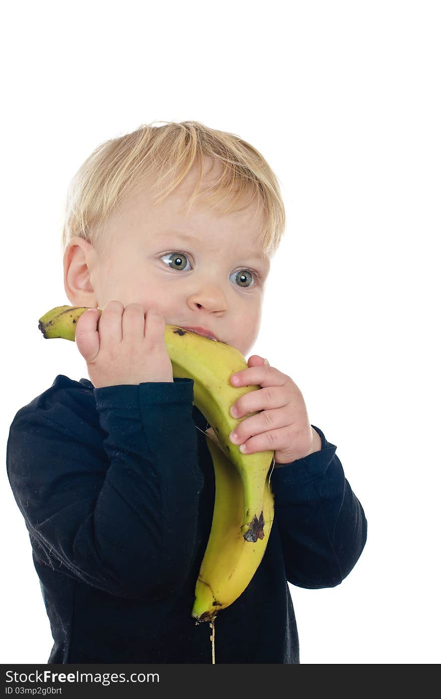 Two years old boy with banana on white. Two years old boy with banana on white