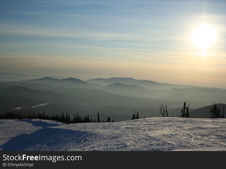 Winter sunset in the mountains