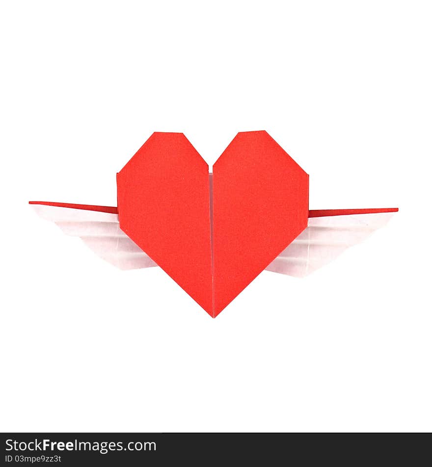 Red paper heart with wings origami, isolated on white. Red paper heart with wings origami, isolated on white