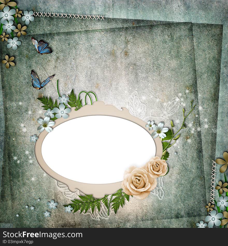 Frame for photo with roses, leaf, sparkle and butterfly. Frame for photo with roses, leaf, sparkle and butterfly