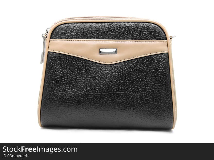 Black brown fake leather woman bag isolated on white