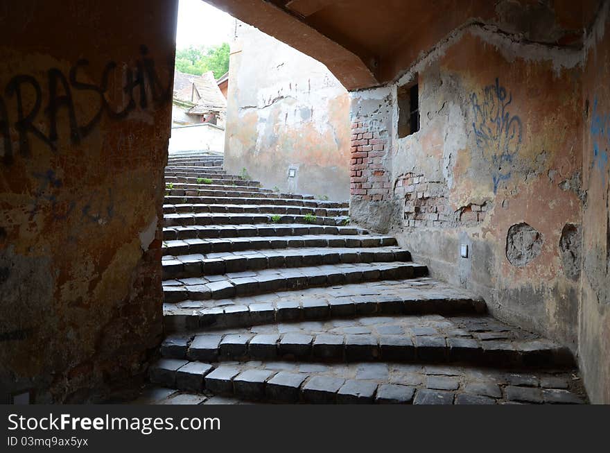 Inside the covered staircase in Sighişoara