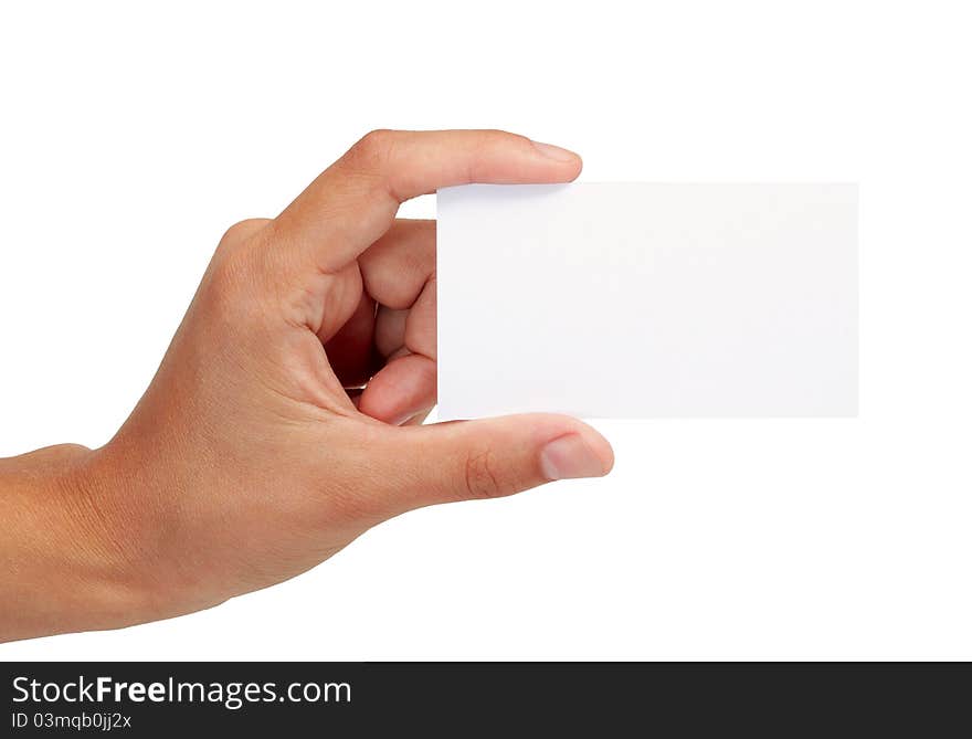 Empty business card in a woman's hand