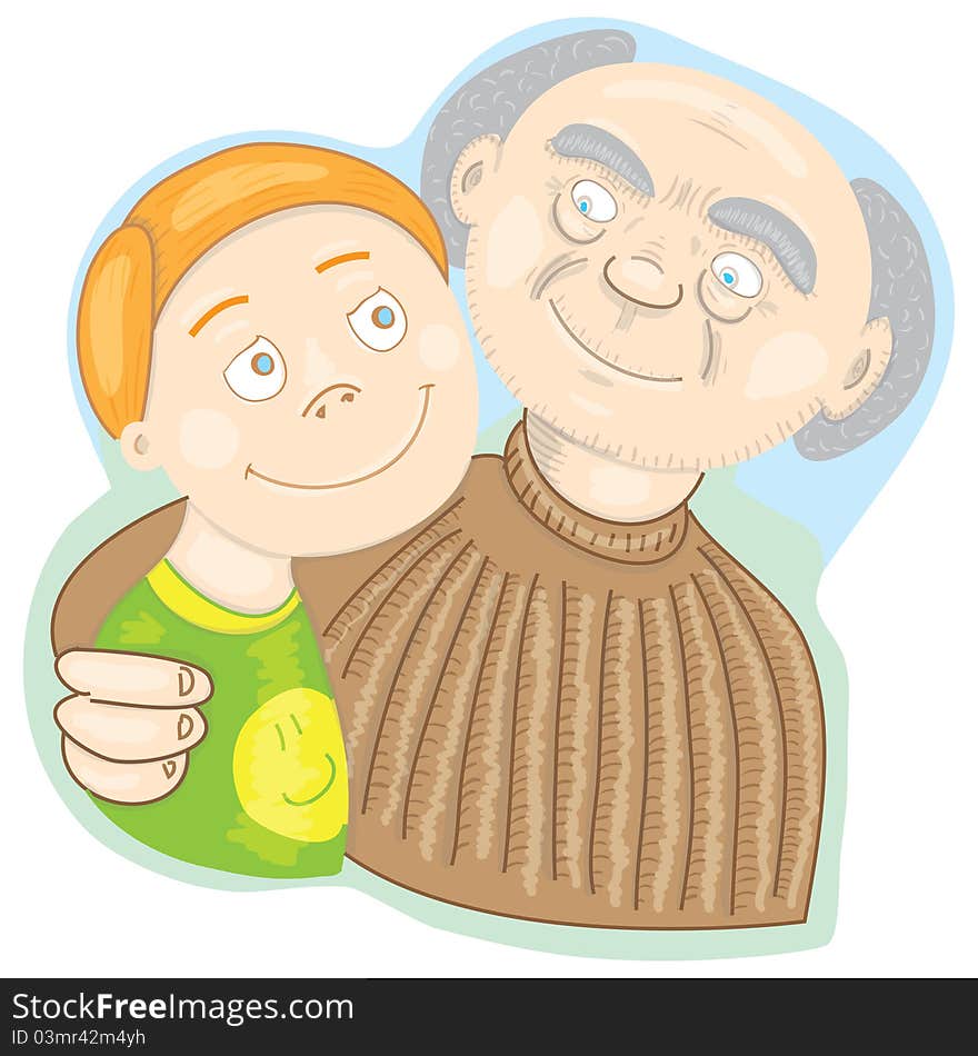 Grandfather hugging his grandson, the old man is wearing a brown sweater and the kid is wearing a green t-shirt with a smiley. Grandfather hugging his grandson, the old man is wearing a brown sweater and the kid is wearing a green t-shirt with a smiley.