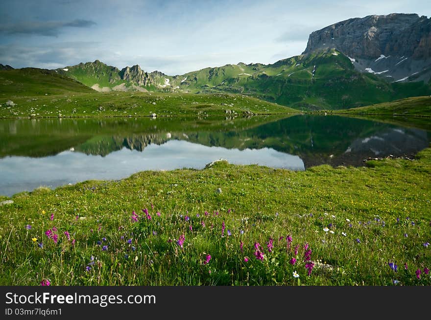 Caucasus mountains and lake with flowers. Caucasus mountains and lake with flowers