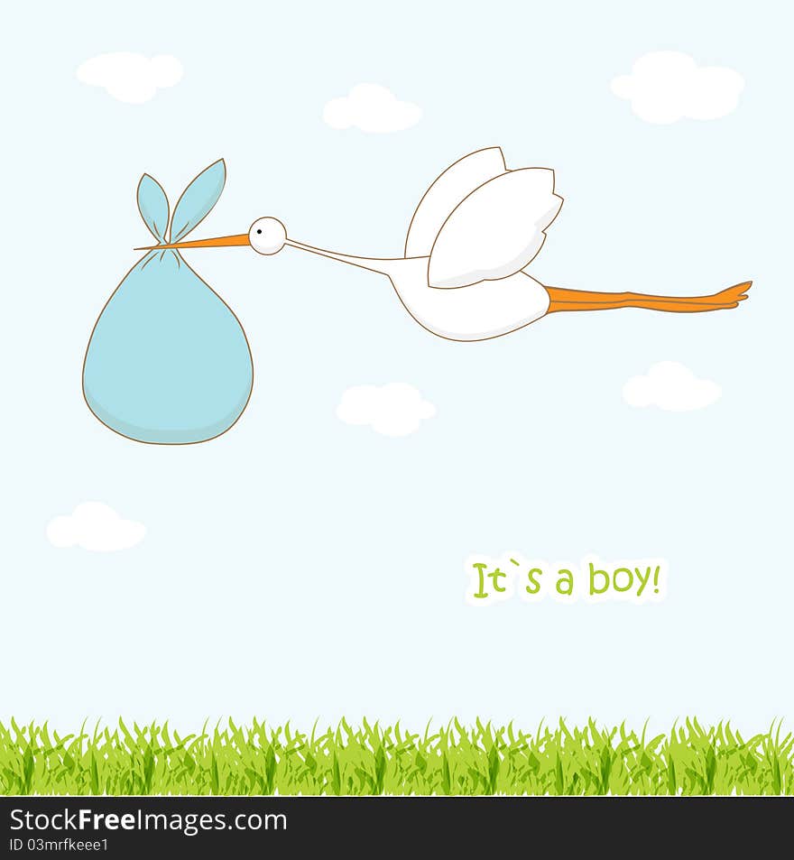 Baby arrival card with stork that brings a cute