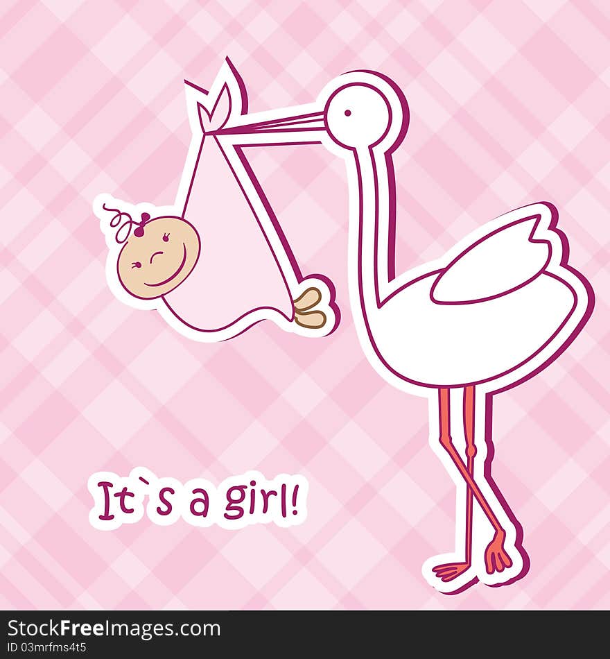 Baby Arrival Card With Stork That Brings A Cute