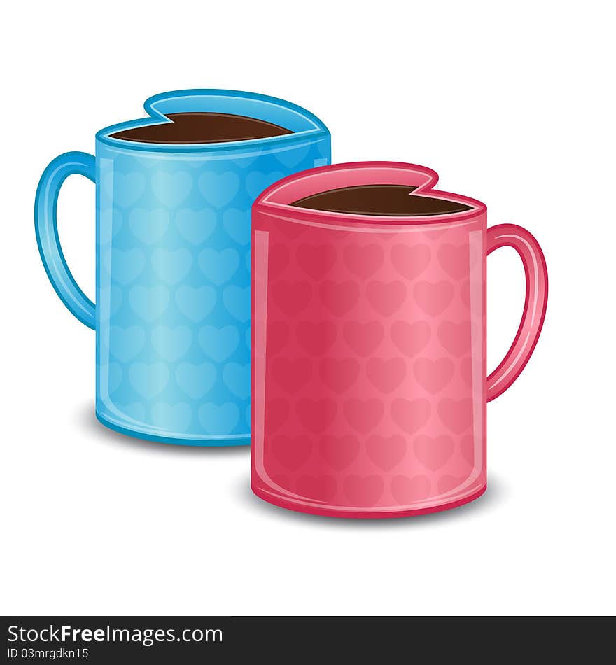 Illustration of pair of heart shape coffee mug. Illustration of pair of heart shape coffee mug