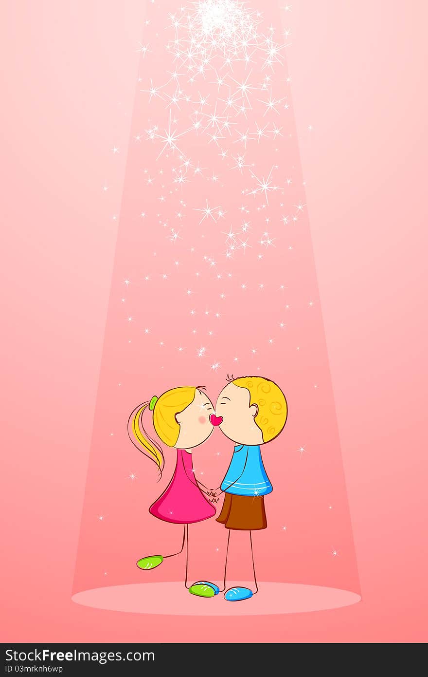 Illustration of kissing kid with star forming heart