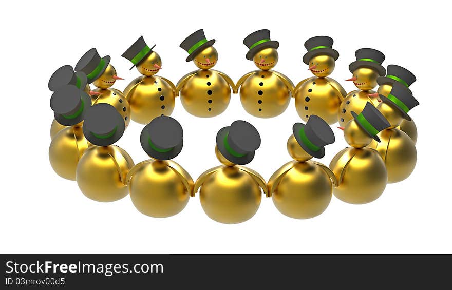 Golden snowman in a circle isolated on white 3d render. Golden snowman in a circle isolated on white 3d render