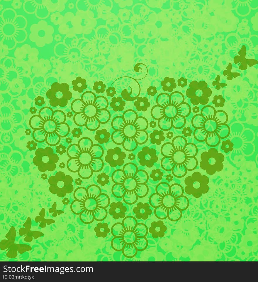 Green floral abstract background with heart made of flowers