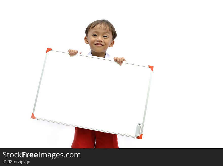 Cute asian young boy holding blank white sign on white background. Cute asian young boy holding blank white sign on white background.