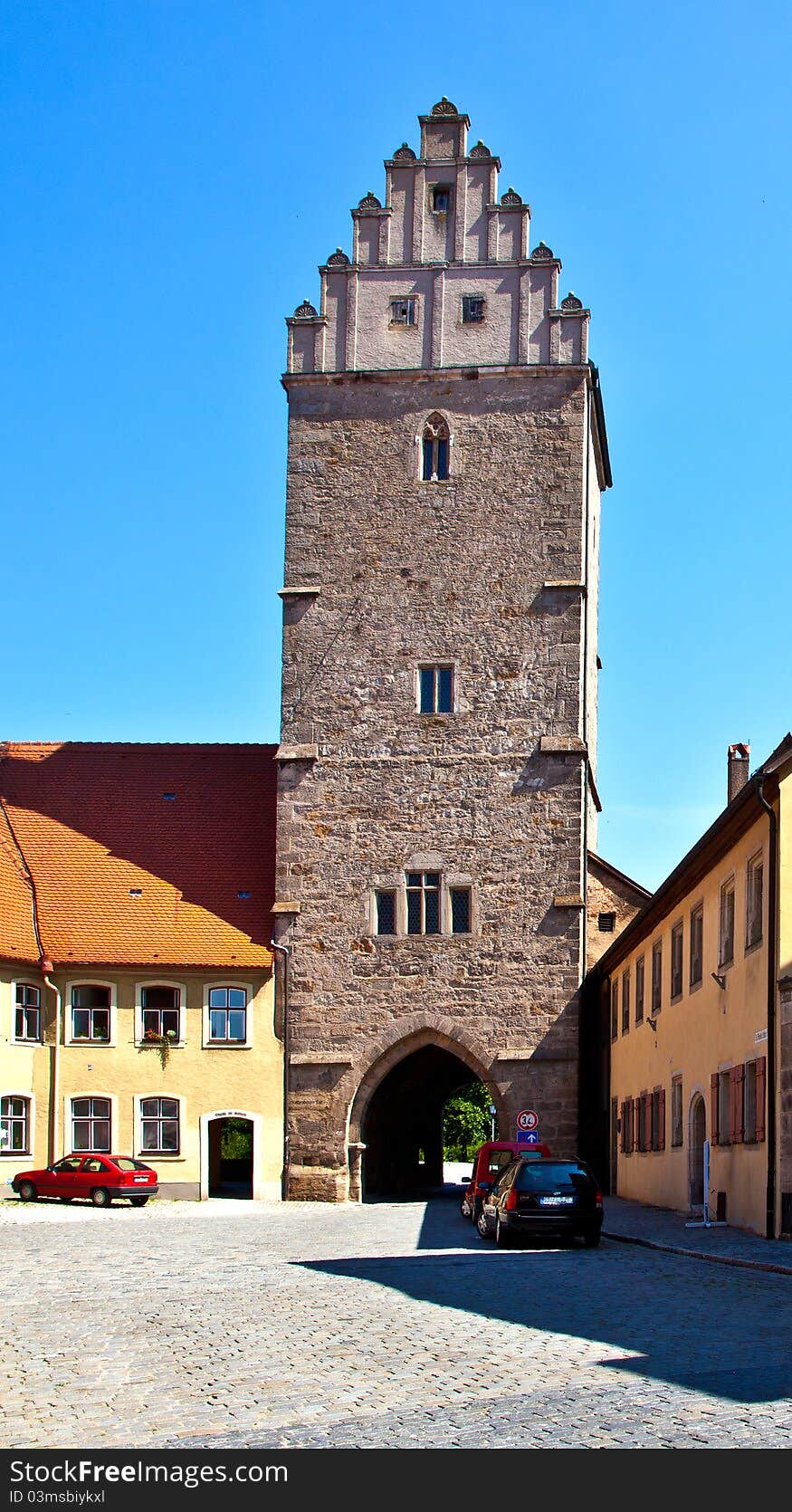 Noerdlinger gate in famous old romantic medieval town of Dinkelsbuehl in Bavaria, Germany.