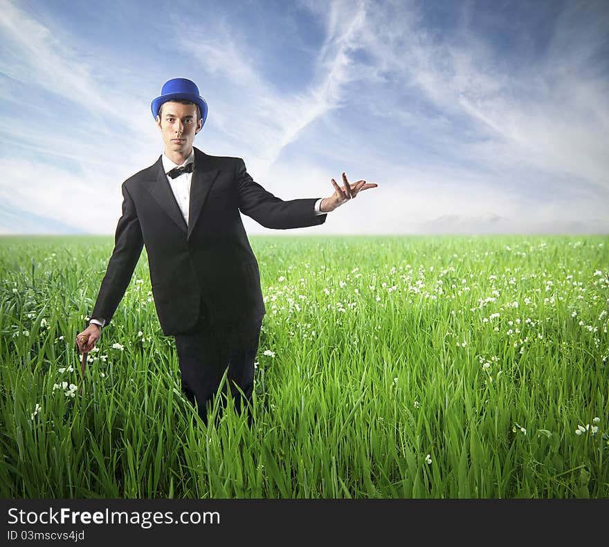 Elegant young man on a green meadow. Elegant young man on a green meadow