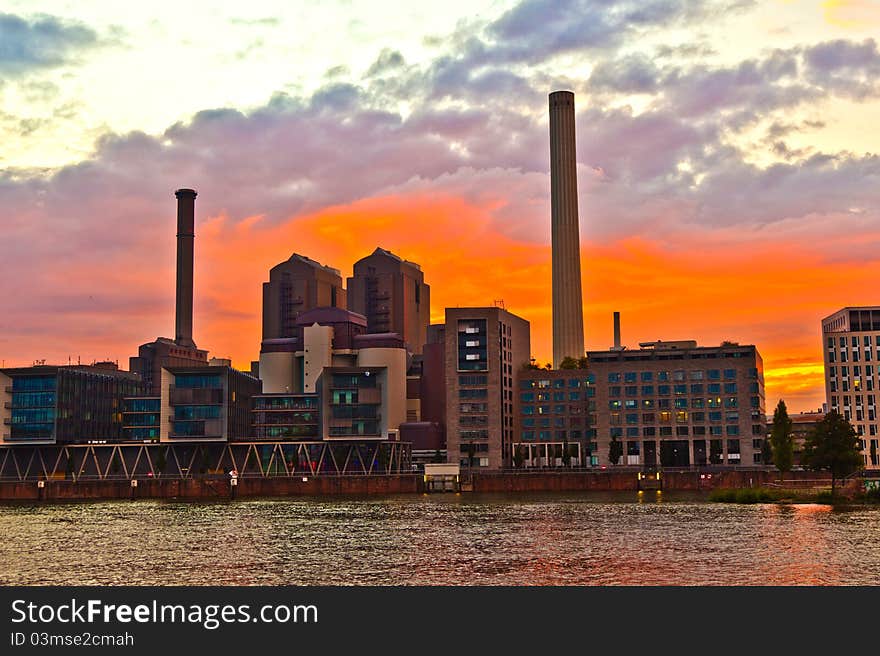 Cityview of Frankfurt with river Main and new appartments and office buildings at the riverside at sunset. Cityview of Frankfurt with river Main and new appartments and office buildings at the riverside at sunset