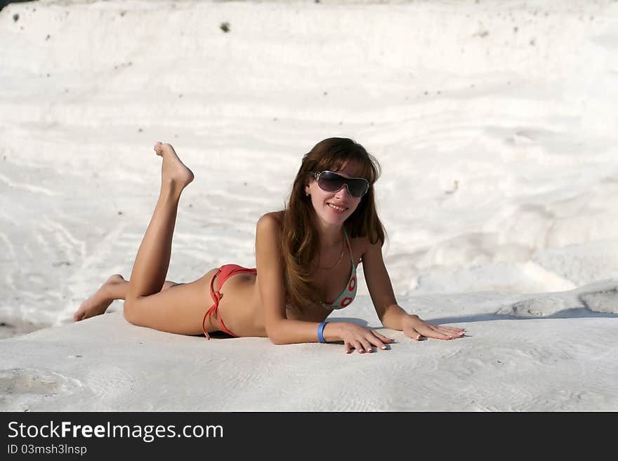 Woman relaxes in pamukkale