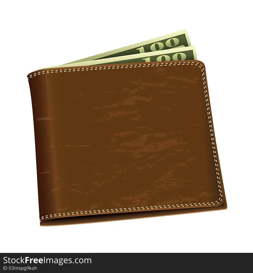 Brown leather wallet with two hundred dollar bank notes. Brown leather wallet with two hundred dollar bank notes