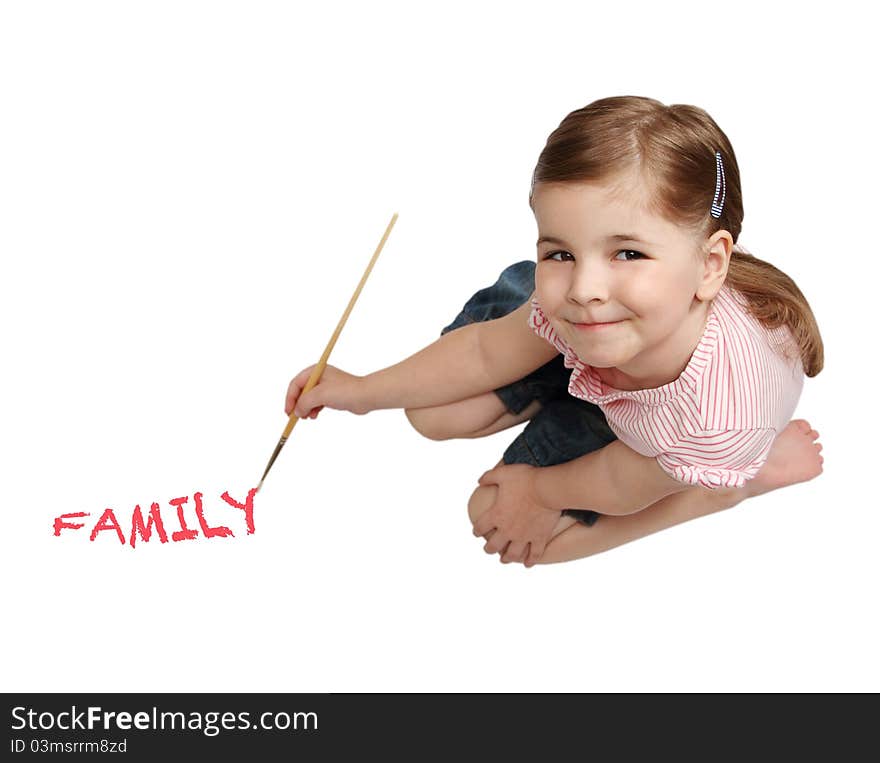 Portrait of lovely smiling drawing girl on white background. Portrait of lovely smiling drawing girl on white background