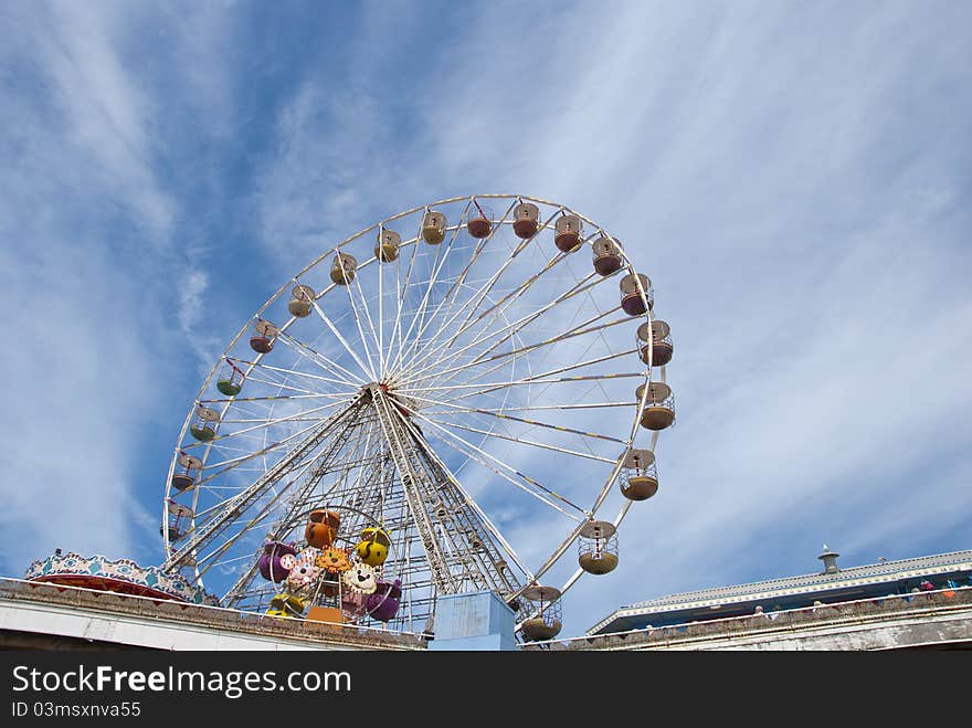 Ferris Wheel on Central Pier Blackpool under a summer sky. Ferris Wheel on Central Pier Blackpool under a summer sky