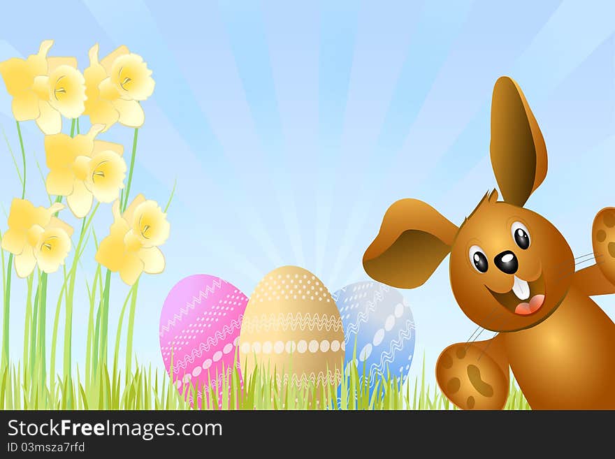 Illustration of a cute bunny with easter eggs and daffodiles. Illustration of a cute bunny with easter eggs and daffodiles