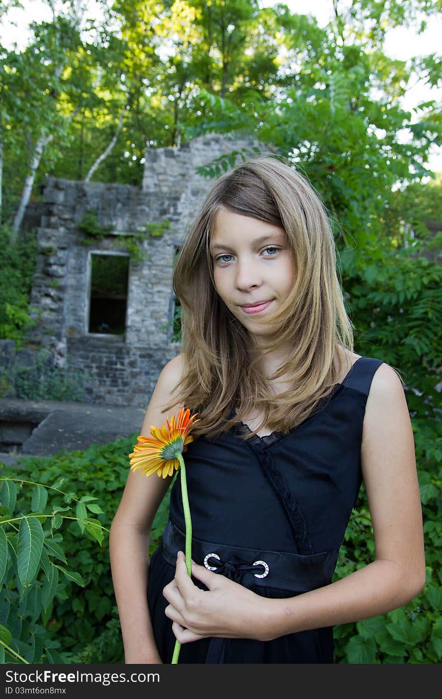 Girl Standing In Stone Ruins