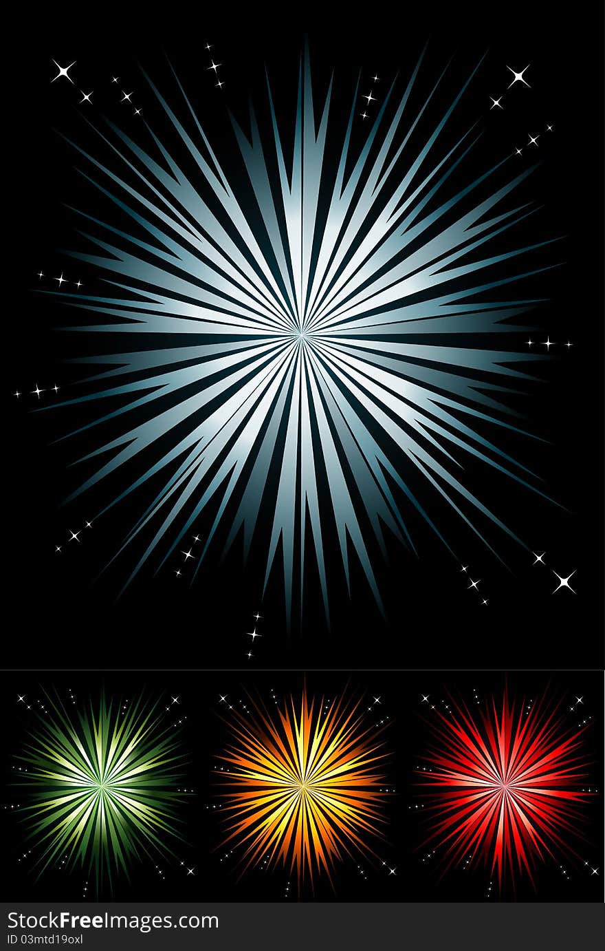 Variation of bright light fireworks against black. Variation of bright light fireworks against black.