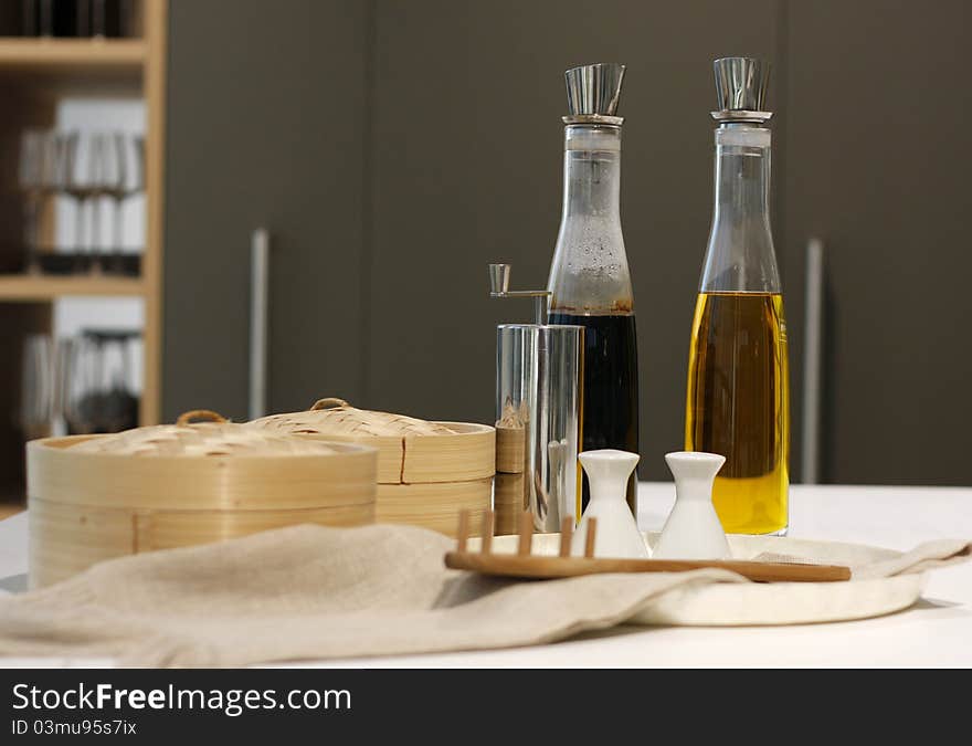 Bottles of the olive oil and balsamic vinegar