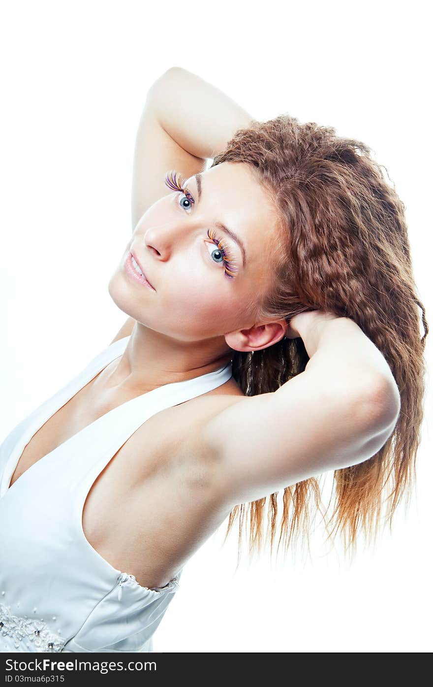 Portrait of a beautiful young women with  curly hairs -  on white