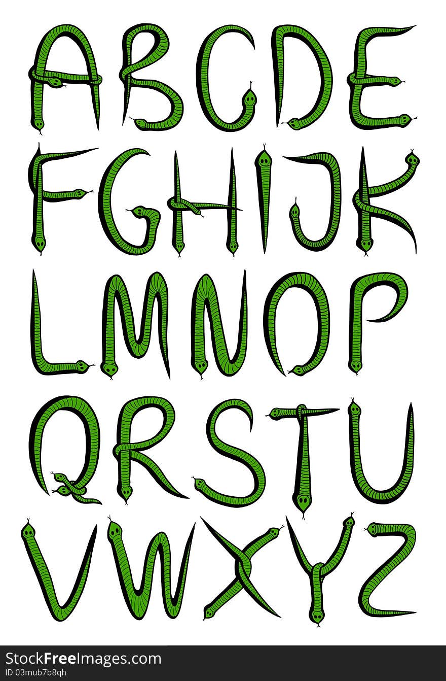 English alphabet from green snakes.