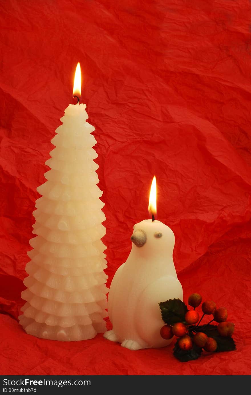 Two white candles with holly barry on red background. Two white candles with holly barry on red background