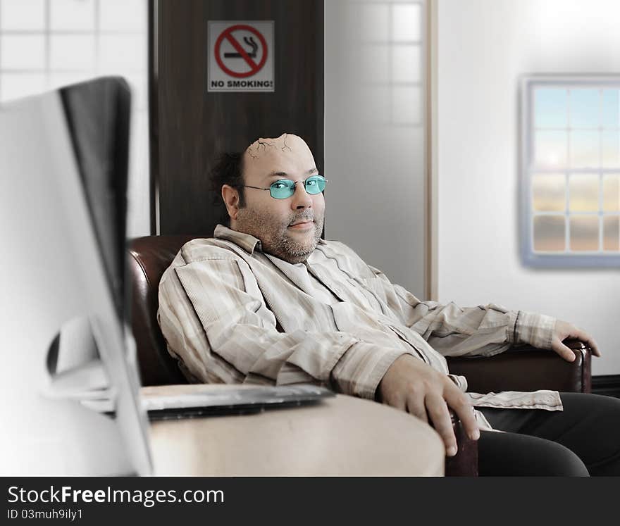 Concept photo of a middle aged man waiting in doctor's office with head breaking open representing mental health issues and headaches. Concept photo of a middle aged man waiting in doctor's office with head breaking open representing mental health issues and headaches