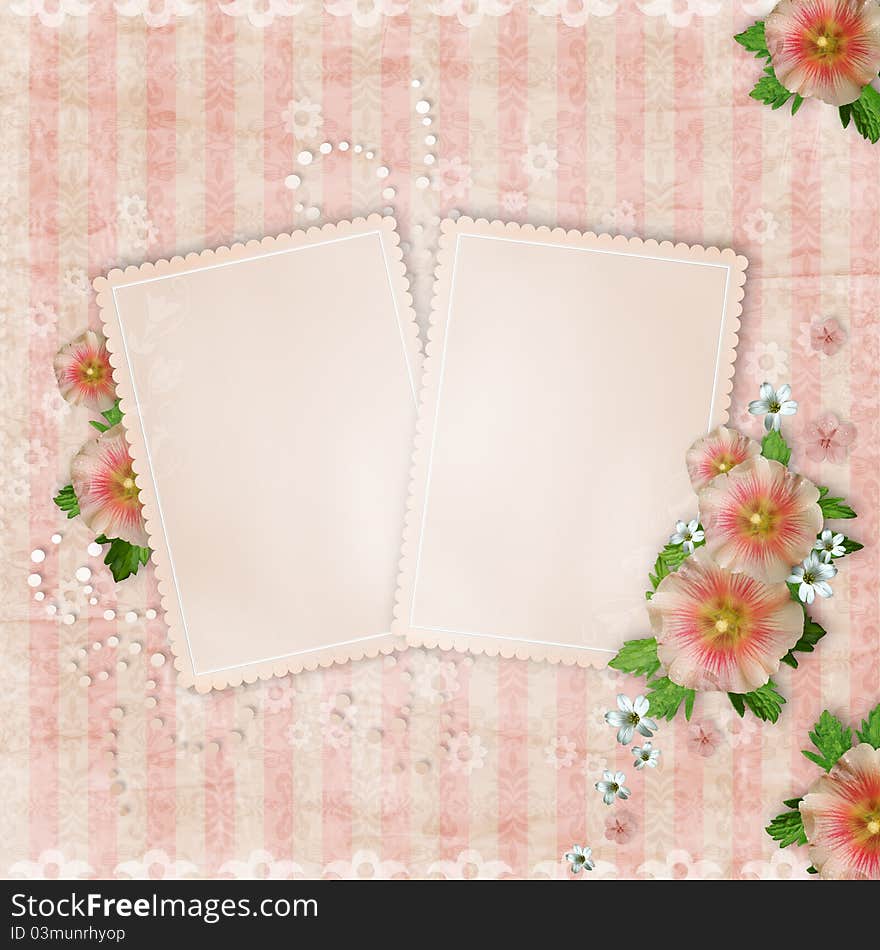 Vintage card   and pink mallow on retro striped background. Vintage card   and pink mallow on retro striped background