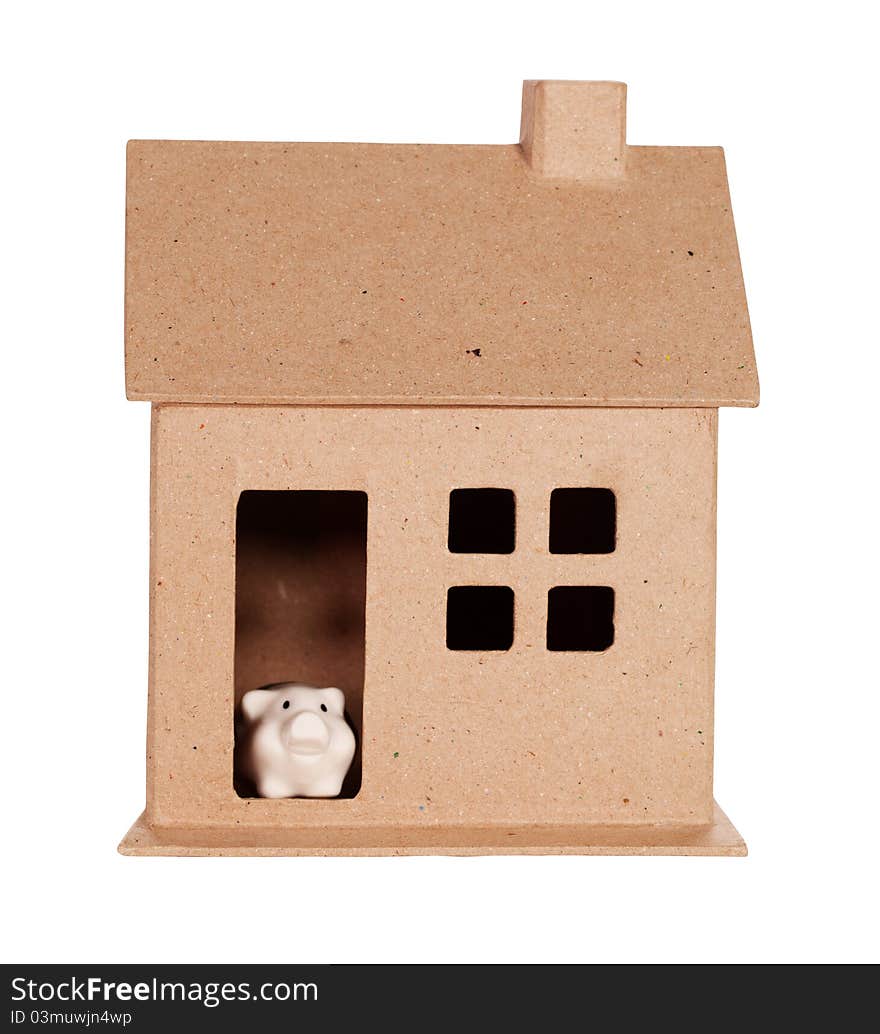 Model house and Piggy Bank Isolated On White + Clipping Path inclusive