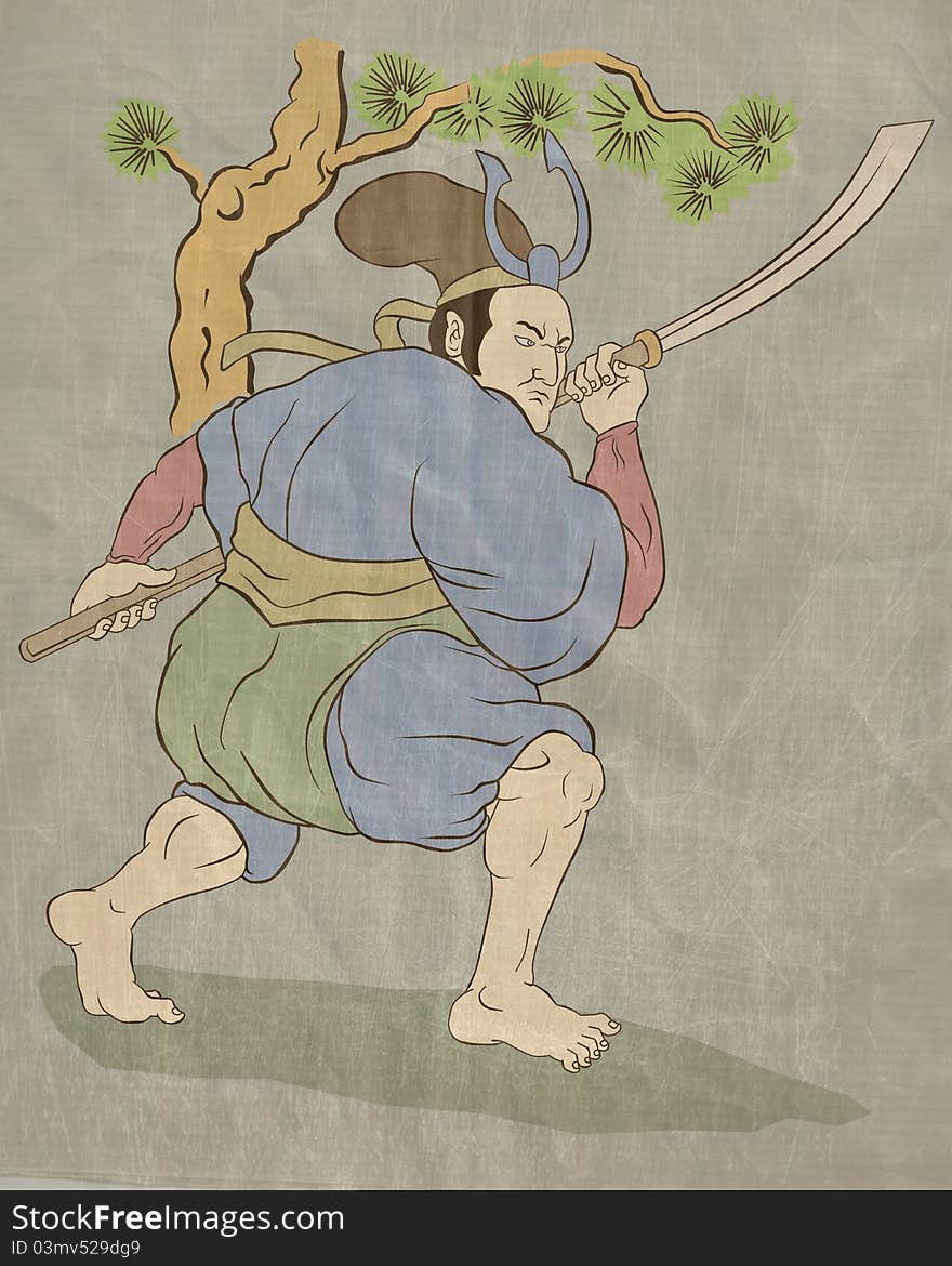 Samurai Warrior With Katana Sword Fighting Stance