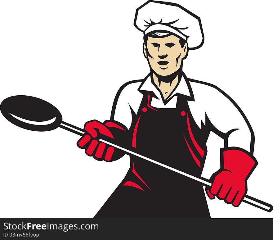 Illustration of a baker holding baking pan with long handle done in retro style