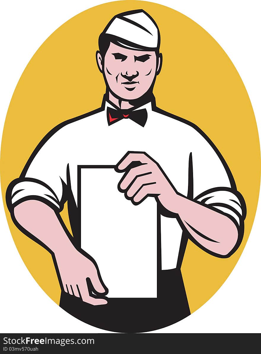 Waiter holding a blank menu paper