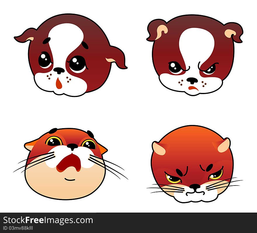 Cartoon faces of cat and dog with emotional expression. Cartoon faces of cat and dog with emotional expression