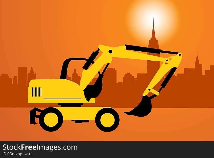 Silhouette of the excavator. City and construction