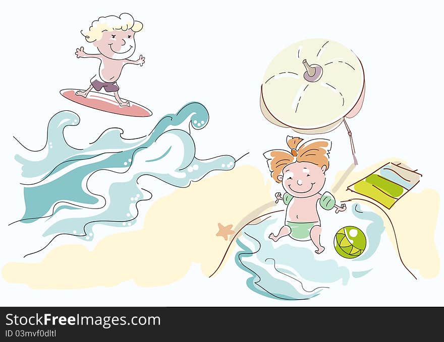 Little lady plays in water and little surfer catches his wave on background.