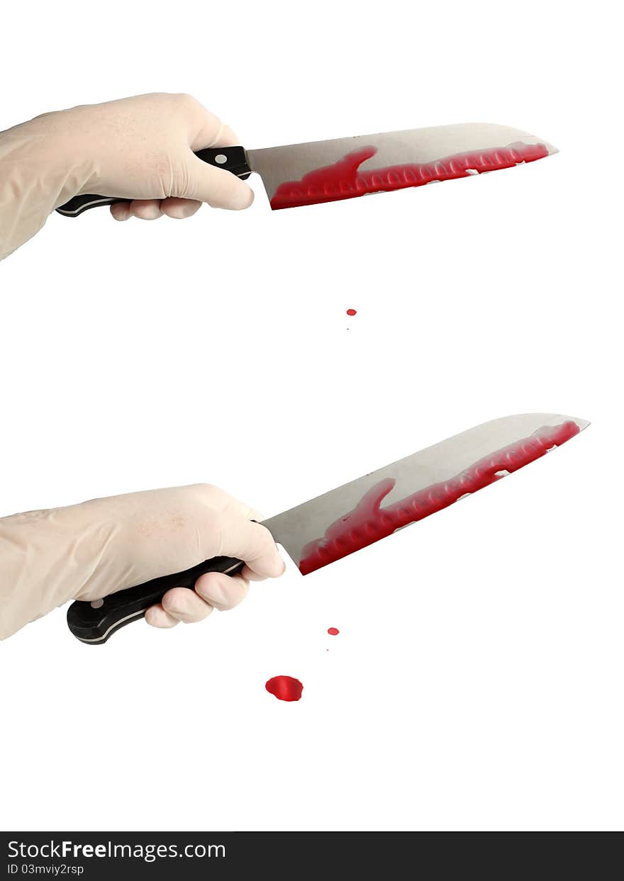 Two bloody knives in hands with gloves. Isolated on white with clipping path. Two bloody knives in hands with gloves. Isolated on white with clipping path.