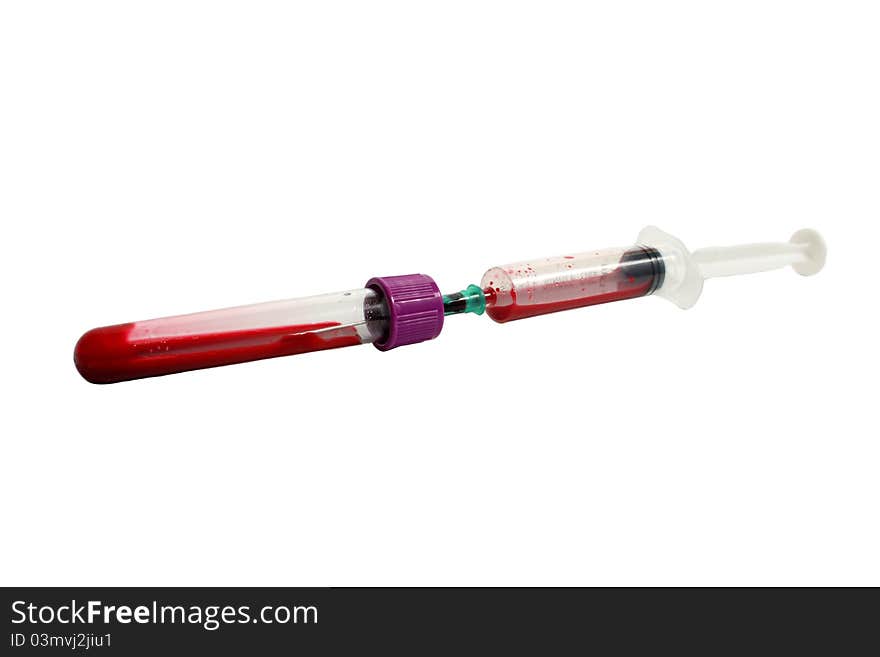 Filling blood container from syringe isolated on white with clipping path.