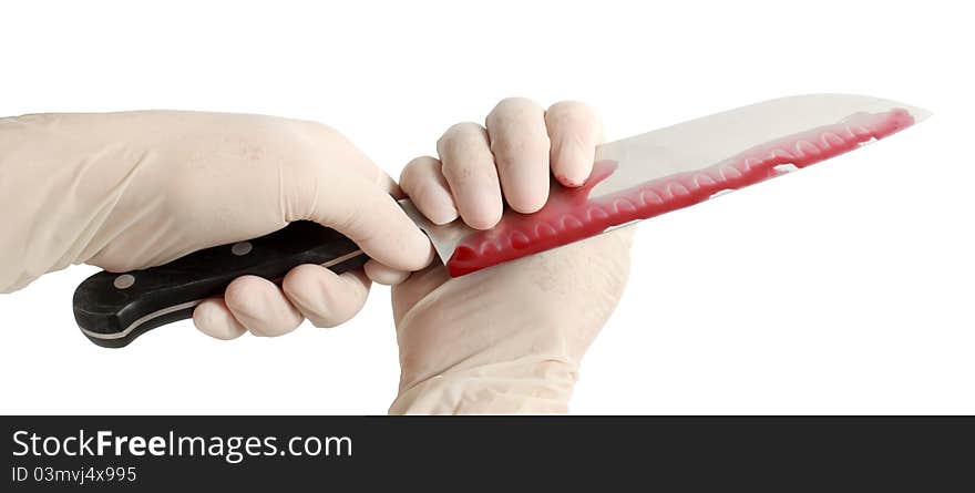 Bloody knife in hands with gloves. Isolated on white with clipping path.