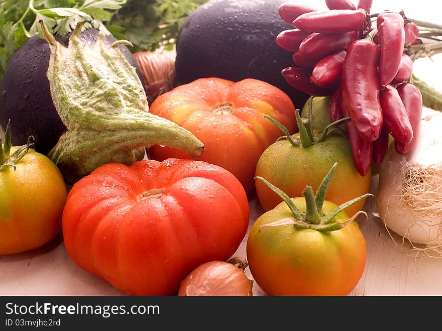 Tomatoes, onion, aubergine, parsley and chilli pepper (horizontal). Tomatoes, onion, aubergine, parsley and chilli pepper (horizontal)