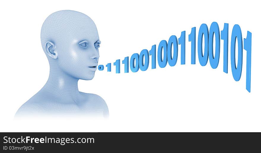 One head with a wire-frame texture who speaks using binary numbers (3d render). One head with a wire-frame texture who speaks using binary numbers (3d render)