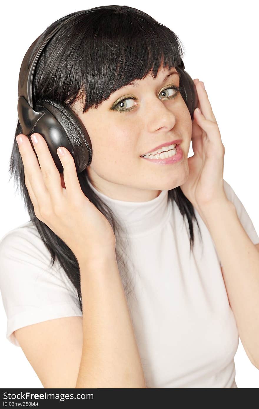 Joyful woman  in the head sets on white background. Joyful woman  in the head sets on white background