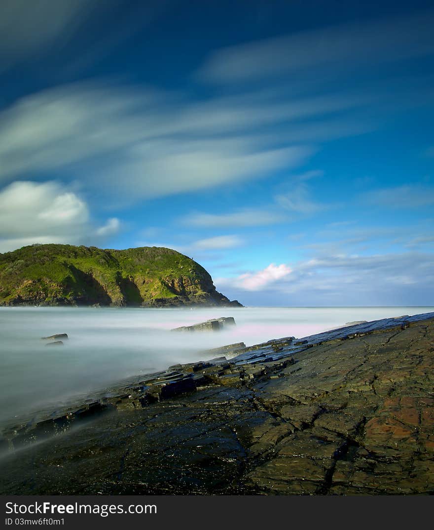 Misty sea and rocks